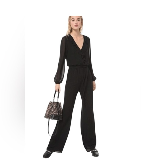 MICHAEL Michael Kors .Black Jumpsuit with Wrap V-Neck and Flowing Wide-Leg Pants - Picture 1 of 11